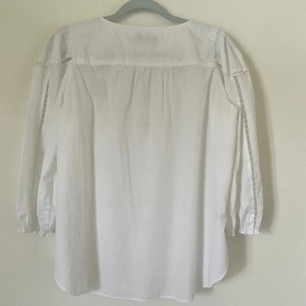 LOFT White Cotton Ladder Lace Balloon Sleeve Blouse Womens Medium Split Neck
